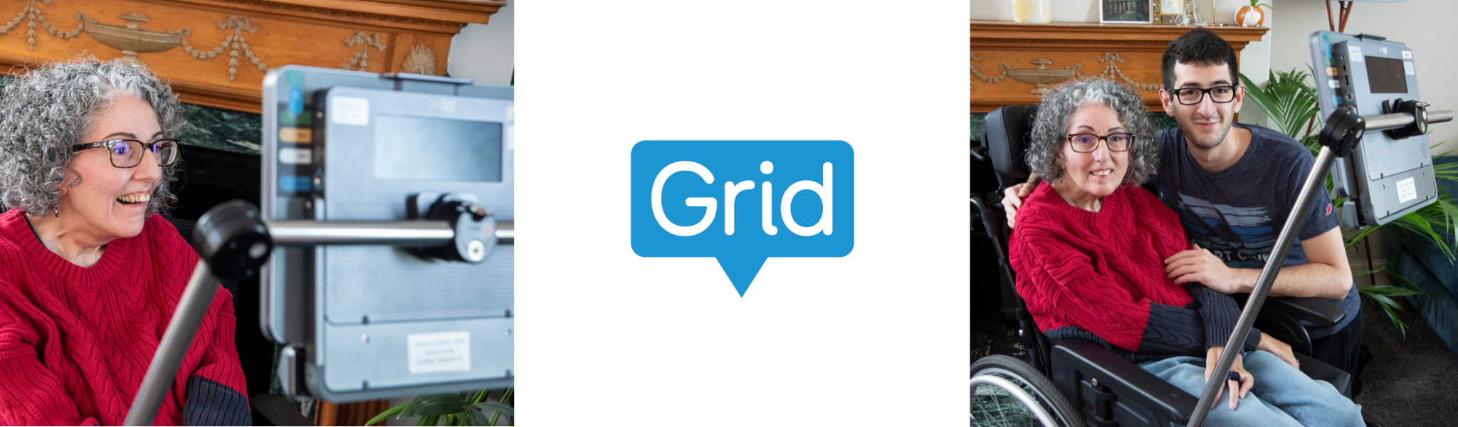 Drei Bilder: Links eine Nutzerin vor ihrem Grid Pad 16 mit Augensteuerung, in der Mitte das Logo der Grid-Kommunikationssoftware, rechts die Nutzerin im Rollstuhl mit ihrem erwachsenen Sohn und ihrem Talker.