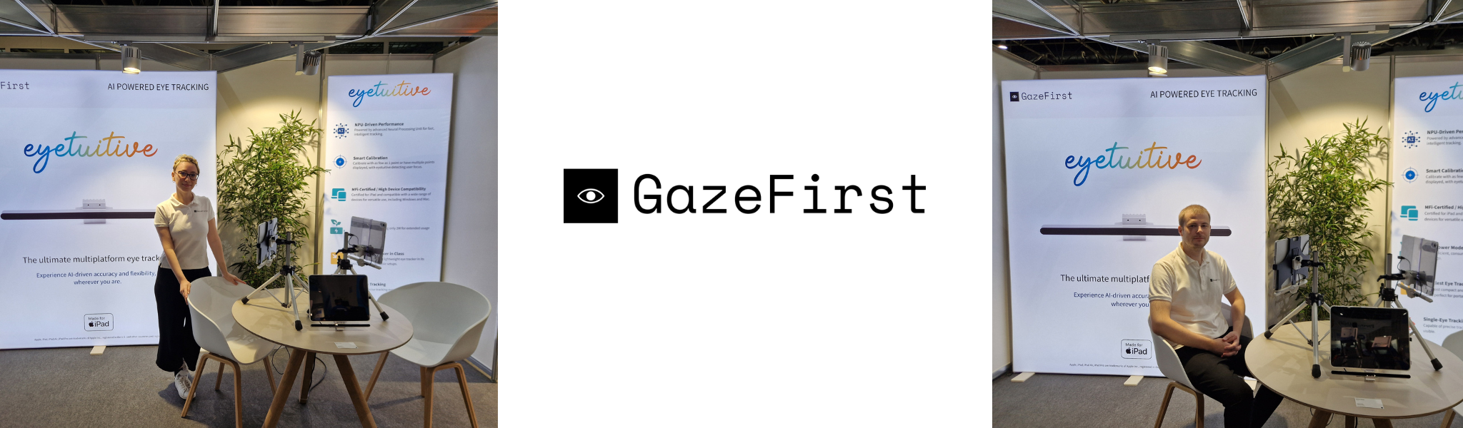 Drei Bilder: Links steht eine Frau auf einem Messestand an einem Tisch, in der Mitte ist das GazeFirst-Logo zu sehen, rechts sitzt ein Mann am gleichen Messestand am Tisch