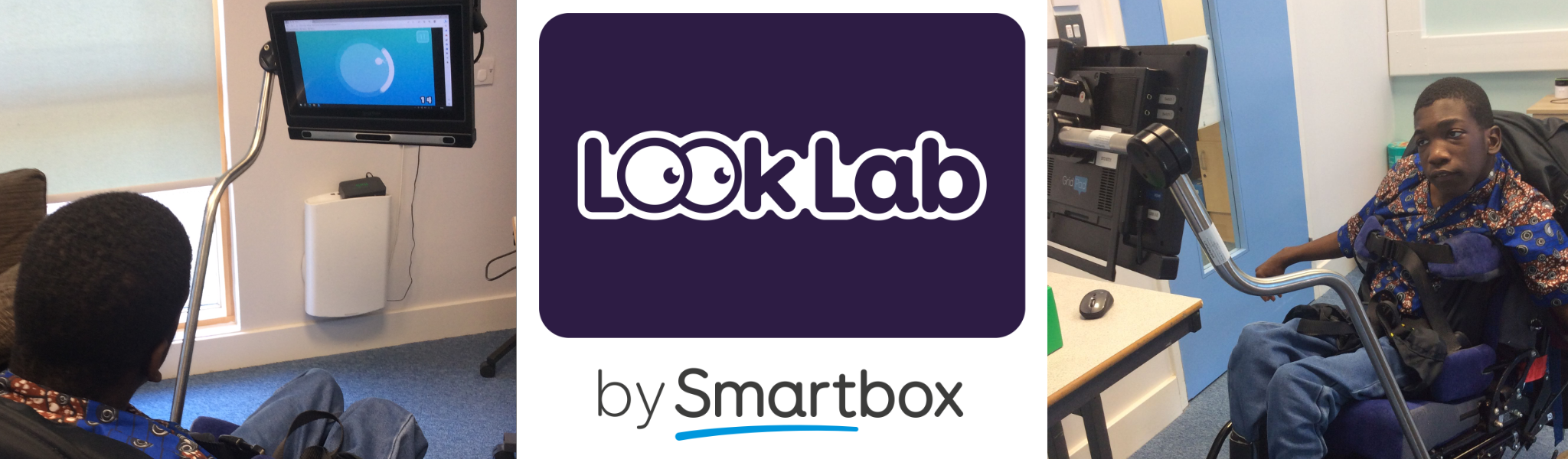 Collage von Tolu  und seinem Sprachcomputer Grid Pad 12 aus mehreren Perspektiven. Zusätzlich in der Mitte des Bildes: das Logo der software Look Lab. 