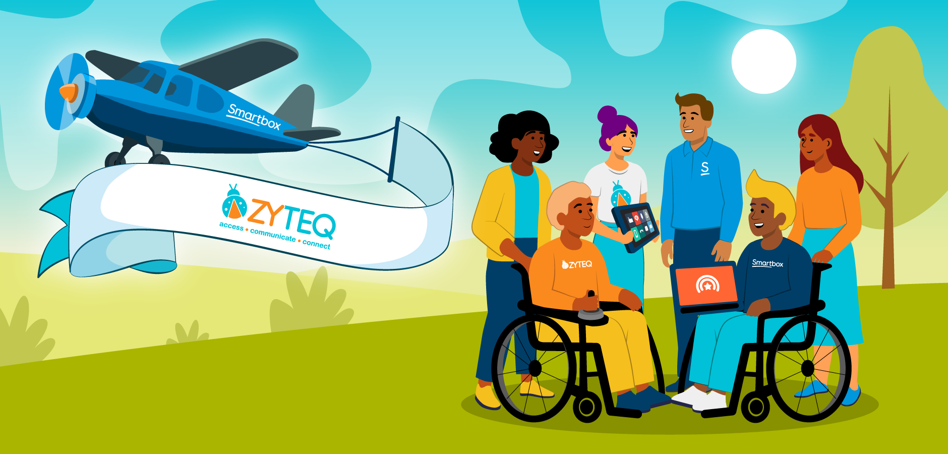 Illustration: links ein Flugzeug mit banner, auf dem Zyteq steht; recht eine Gruppe von Menschen unterschiedlichen Geschlechts und Aussehens, zwei sitzen im Rollstuhl. Es sind zwei Talker zu sehen.