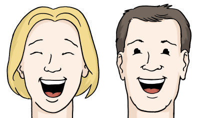 Eine Frau und ein Mann lachen.