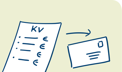Auf einer Zeichnung sieht man ein Blatt Papier, oben steht KV für Kostenvoranschlag, ein Pfeil zeigt auf den gezeichneten Umschlag rechts daneben