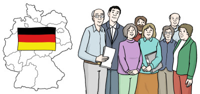 Mehrere Menschen stehen zusammen. Einige Menschen halten Papiere oder Aktenordner in den Händen. Hinter den Menschen ist eine Karte von Deutschland zu sehen.