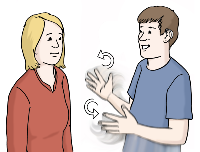 Unterhaltung in Gebärdensprache Ein Mann unterhält sich mit einer Frau in Gebärdensprache.