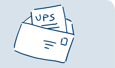 Man sieht einen gezeichneten Briefumschlag mit Adresse, aus dem oben ein Papier guckt. Darauf steht UPS.