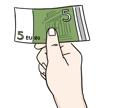 Eine Hand hält einen 5-Euro-Schein. Der 5-Euro-Schein ist mit roten Strichen durchgestrichen